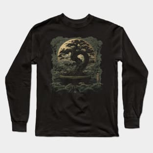 Bonsai Tree and Moon - Japanese Traditional Artwork Drawing Long Sleeve T-Shirt